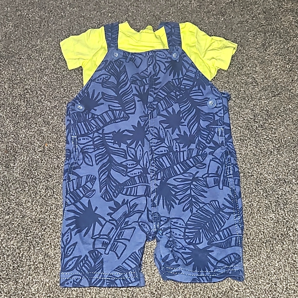 9 month short sleeved shirt with overalls. Tropical themed pants.